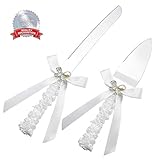 DÉCOCO 2 Piezas de Cinta de Rosa de Seda con Perla Mariposa Estilo Bola de Acero Inoxidable Cortador de Cuchillos de Boda para Boda Aniversario, Compromiso, Fiesta de cumpleaños con Caja de Regalo