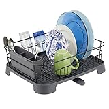 mDesign Escurreplatos de metal y plástico – Compacto escurridor de platos con bandeja de goteo y desagüe giratorio – Rejilla escurreplatos de encimera para secar al aire – negro mate/gris pizarra